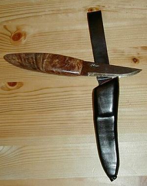 Maple burl and mosaic blade knife.